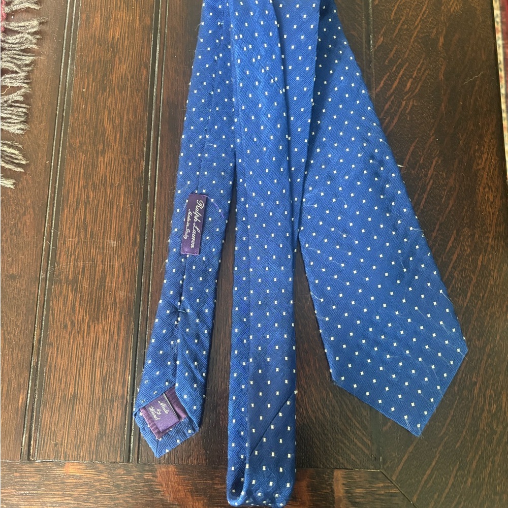 Vintage Ralph Lauren Navy and White Dotted Tie. 100 percent silk, made in Italy.